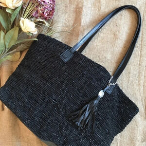 Olivia Harris by Joy Gryson Black Boho Slouch Colombier Woven Leather Tote